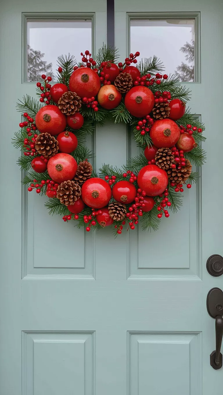 A photo of a front door with a festive wreath that is a vibrant splash of red, composed of pomegranates, small red berries, and pinecones.