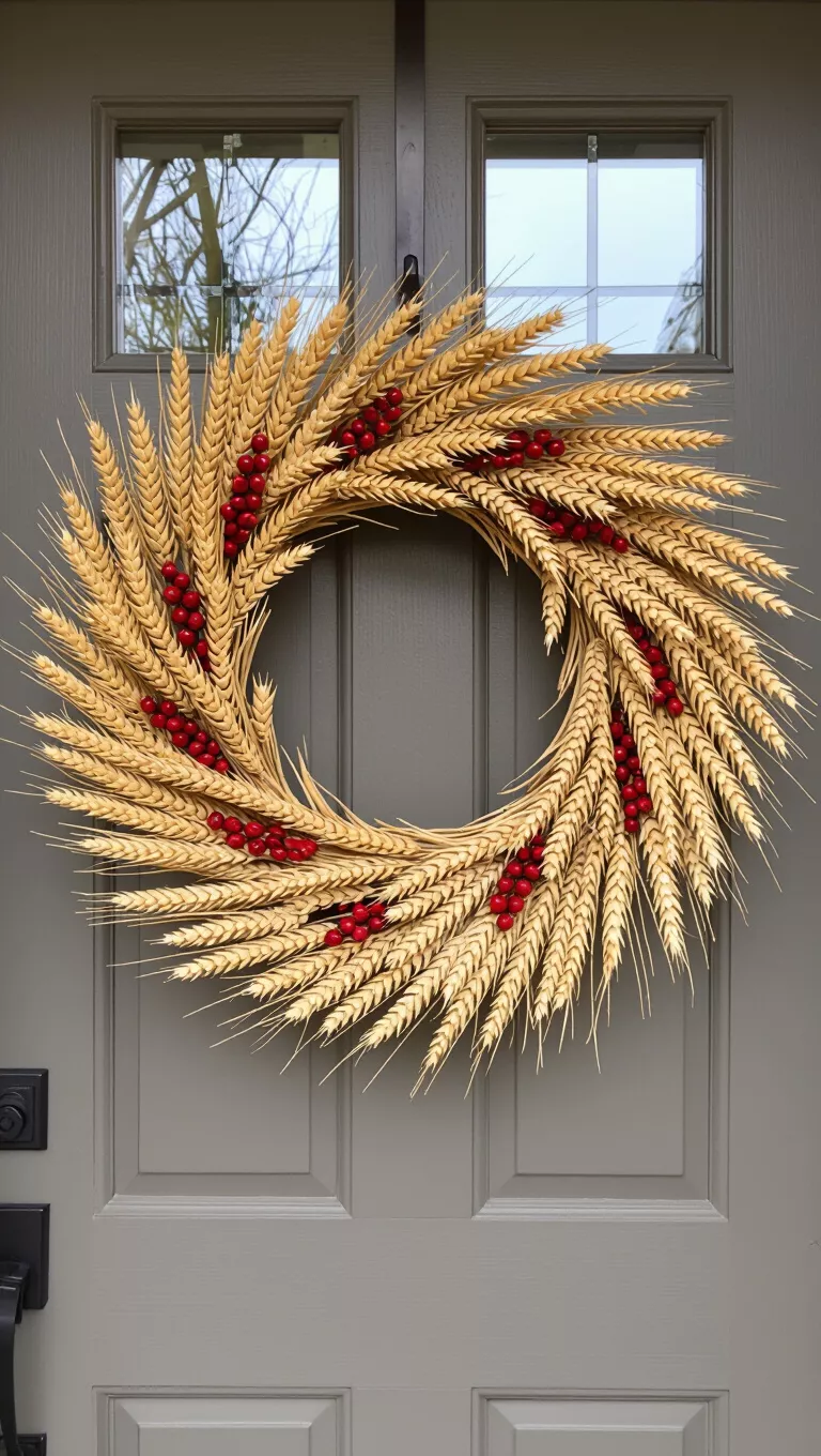 A photo of a front door with a rustic yet elegant wreath crafted from dried wheat stalks and small reddish-brown accents, creating a natural and textured autumnal decoration.