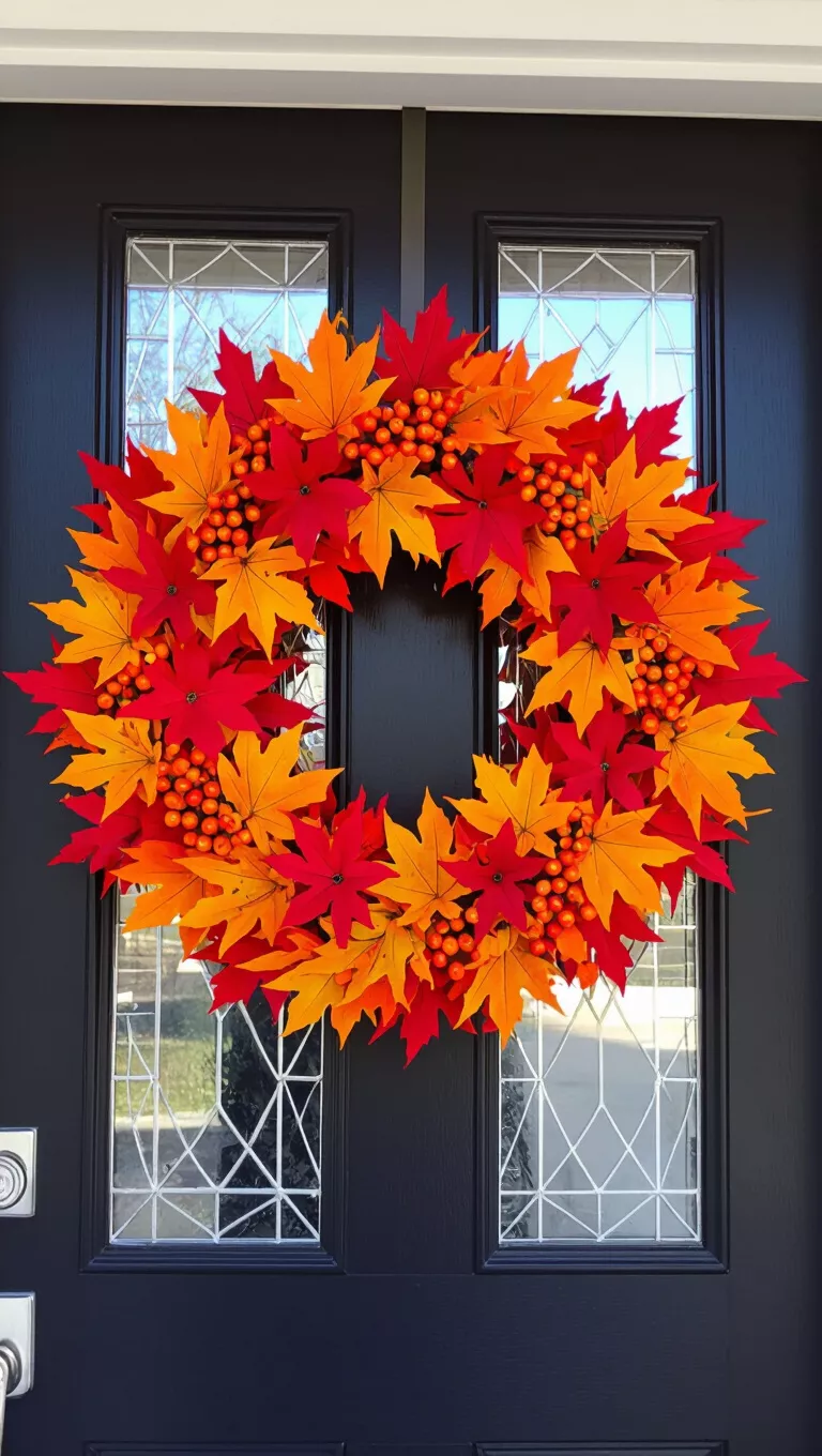 A photo of a front door with a vibrant autumn wreath featuring a fiery display of red and yellow maple leaves interspersed with small orange blossoms.