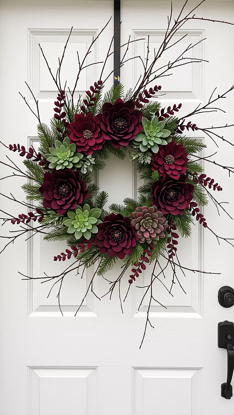 A photo of a front door with a striking wreath featuring a dark, intricate design of deep red flowers and succulents, nestled among green foliage and bare branches.