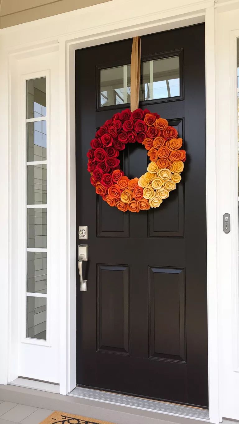 A photo of a front door with a striking wreath featuring a gradient of textured, dried flowers transitioning from deep red to golden orange, creating a warm and inviting ombré effect.
