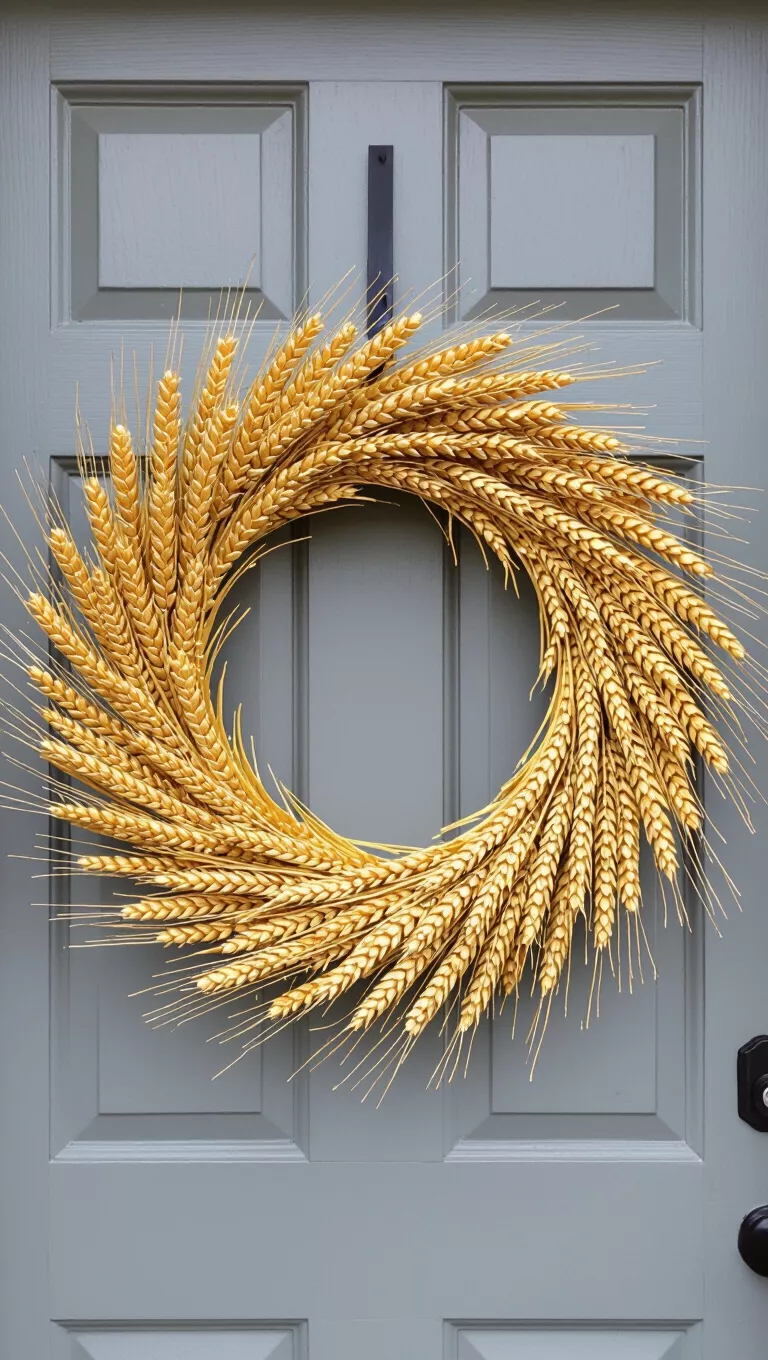 A photo of a front door with a simple yet striking wreath crafted entirely from golden wheat stalks, arranged to create a full, natural circle.