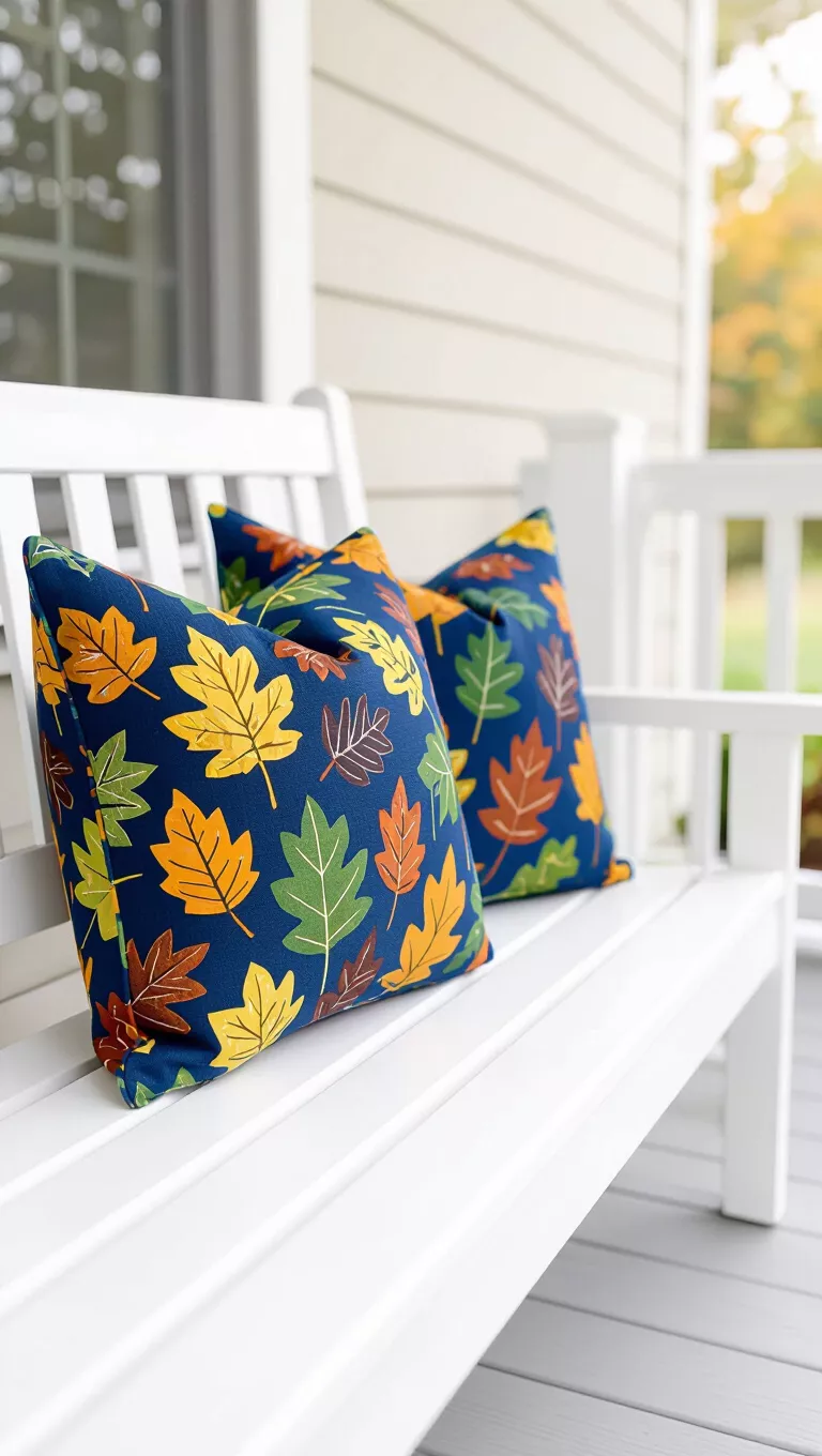 A photo of a front porch with a white bench adorned with two outdoor throw pillows, featuring a vivid autumn leaf pattern in yellow, green, and brown on a dark blue background.