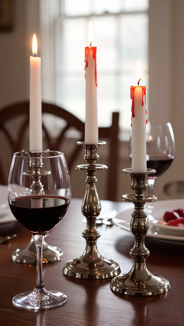 Gothic Romance with a Bloody Twist A photo of a dining table with three white candles with red wax drip in antique silver candlesticks next to a glass of red wine, creating a spooky ambiance.