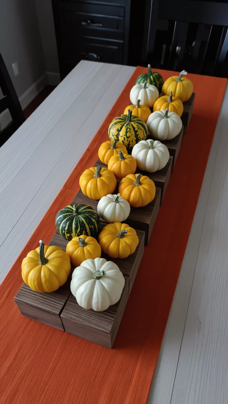 Rustic Charm with Gourdly Goodness A photo of a dining table with an assortment of small, bumpy white and yellow gourds decoratively arranged on rustic wooden blocks on an orange runner.