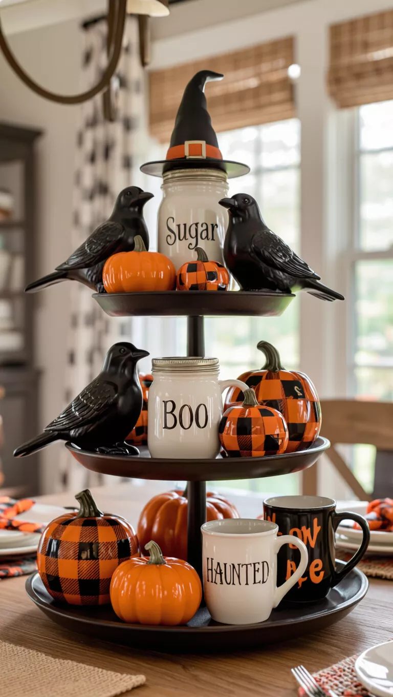 Tiered Terrors and Haunting Hospitality A photo of a dining table with a tiered Halloween display featuring ceramic crows, plaid pumpkins, a 'Sugar' jar with a witch hat, and 'Boo' and 'Haunted' mugs.