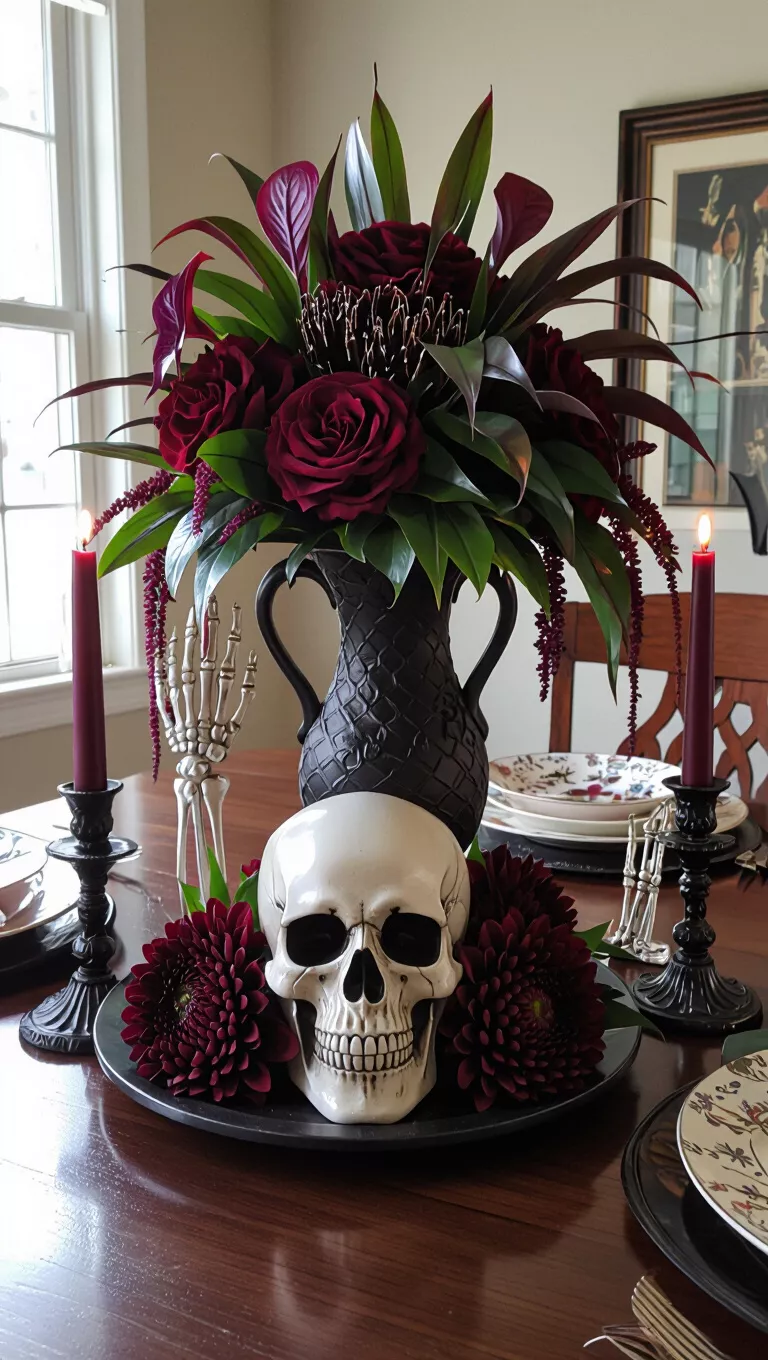 Skull Vase and Goth Garden Glam A photo of a dining table with a skull vase holding a dark, gothic floral arrangement with pitcher plants and deep red flowers, flanked by skeleton hand candle holders.