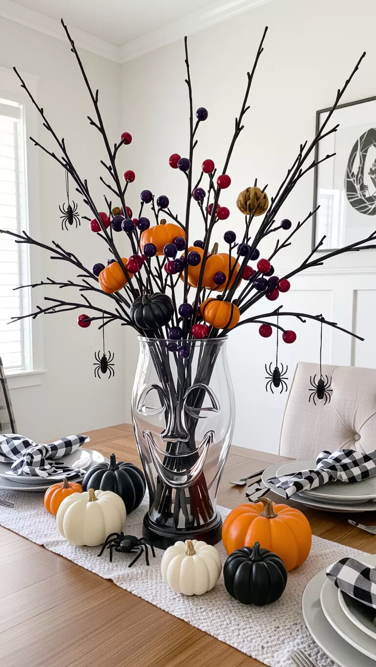 Spectral Sprigs and Spidery Silhouettes A photo of a dining table with a Halloween floral arrangement featuring black branches, spiders, small white and black pumpkins, and purple berries in a glass ghost-face vase.