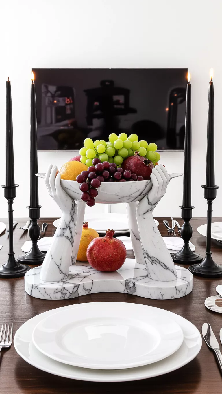 Marble Hands and Dark Delights A photo of a dining table with a macabre centerpiece showcasing marble hand sculptures holding a fruit bowl with grapes and pomegranates, flanked by tall black candles.