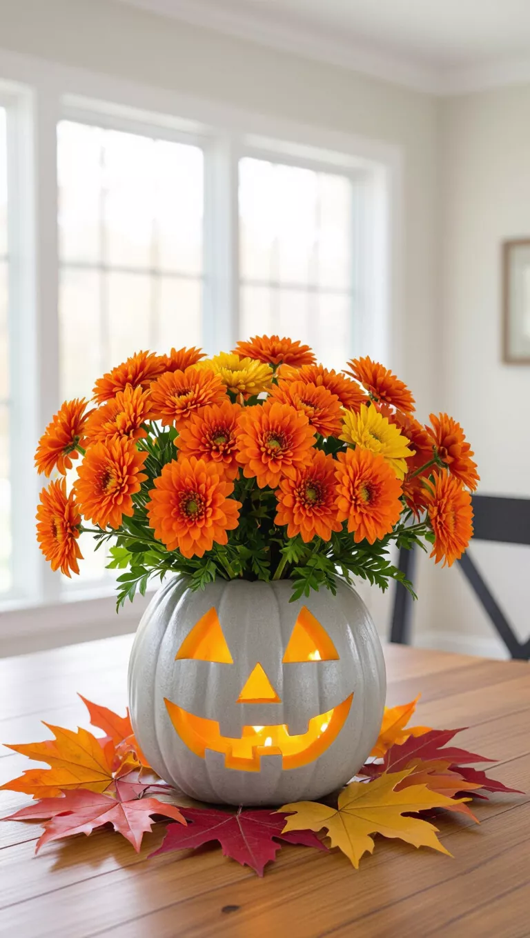 Mum's the Word with a Pumpkin Smile A photo of a dining table with a gray pumpkin carved into a jack-o'-lantern face serving as a vase for vibrant orange mums and autumn leaves.