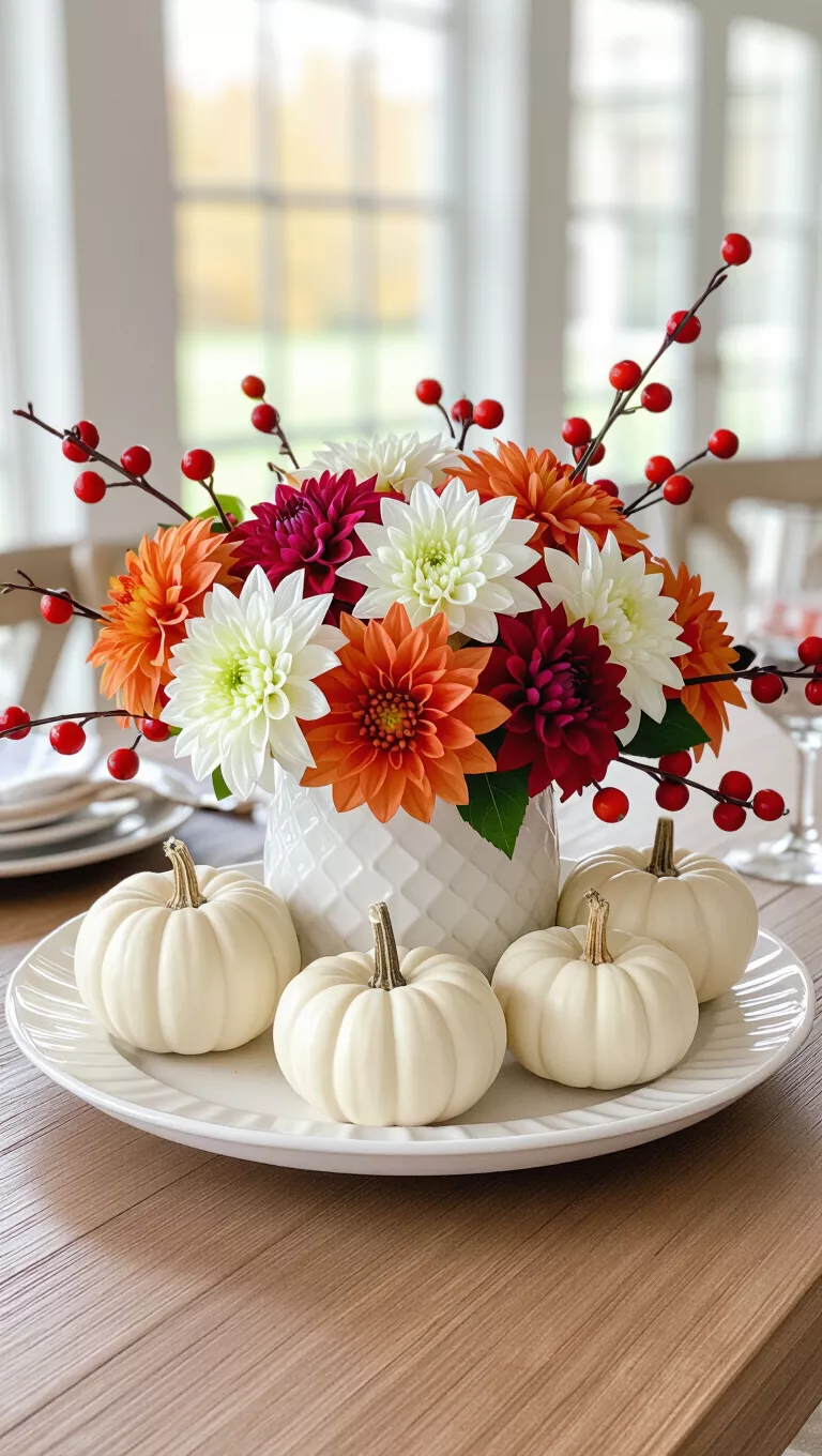 Elegant Autumn Blooms on a Platter A photo of a dining table with a white platter holding mini white pumpkins, orange and white dahlias, and berry branches, creating an elegant autumn centerpiece.