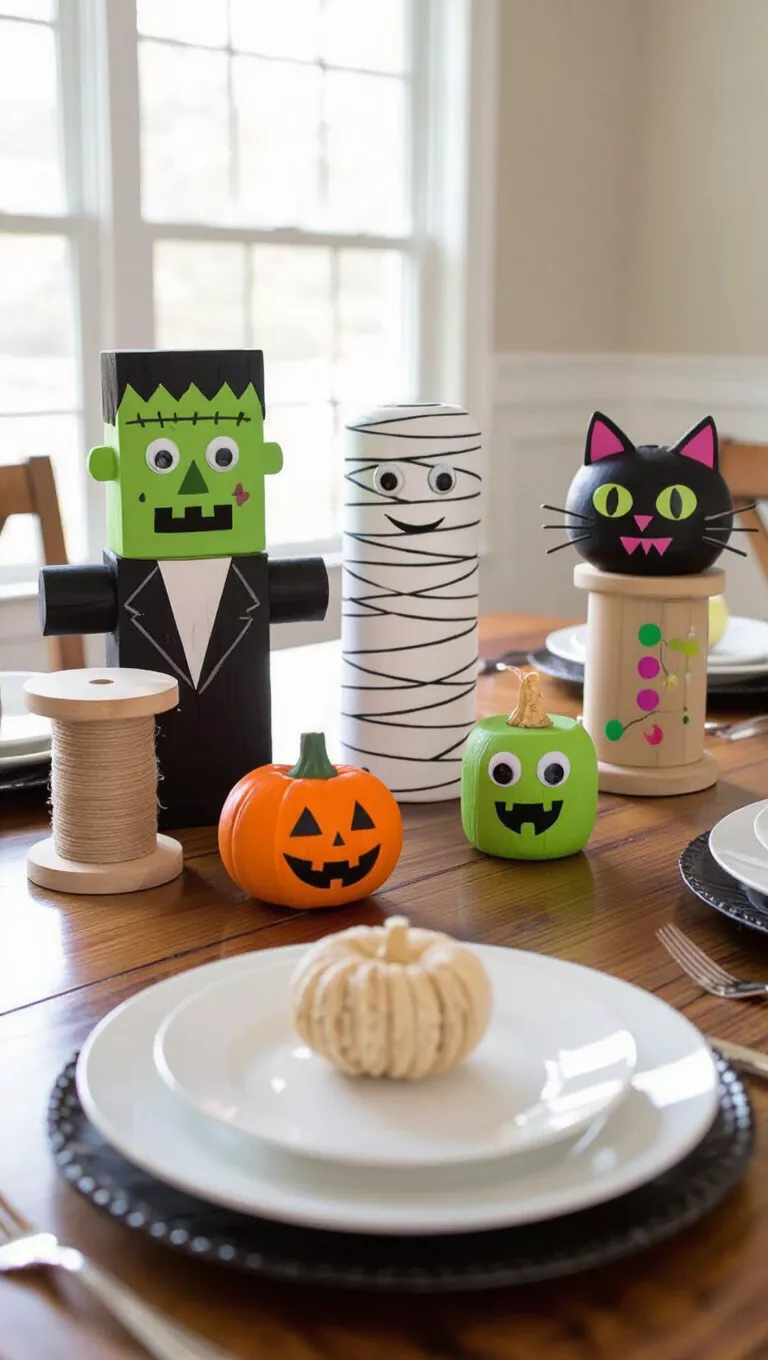 Spool-tacular Halloween Characters A photo of a dining table displaying an array of wooden spools creatively decorated as various Halloween characters like Frankenstein, a mummy, a cat, and monsters.