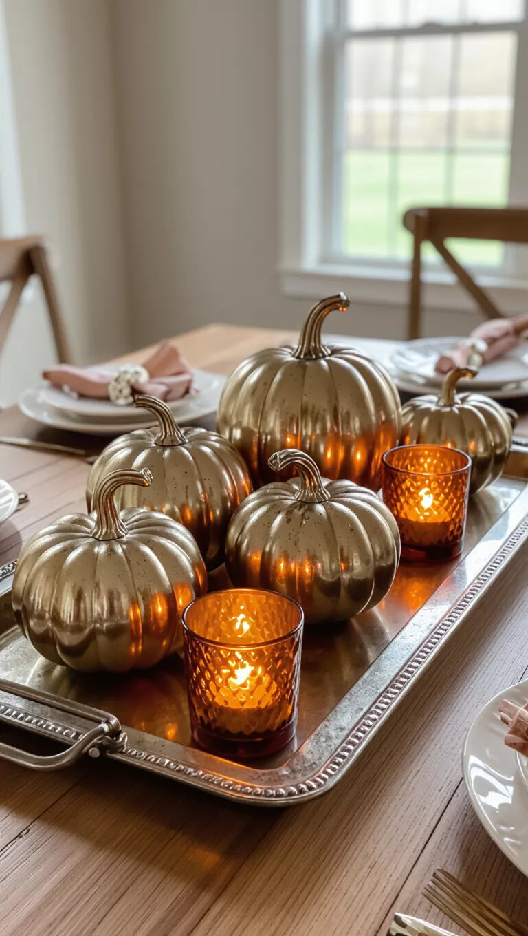 Metallic Mini-Pumpkins with Amber Hues A photo of a dining table with a metallic tray displaying decorative metallic pumpkins and flickering amber votive candles, creating a warm and spooky glow.