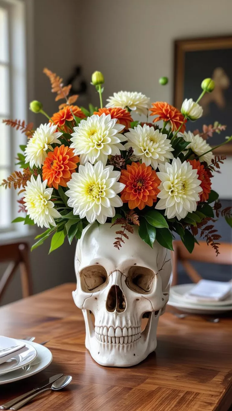 Skull Bloom with Autumnal Hues A photo of a dining table with a large white skull serving as a unique vase for a floral arrangement featuring white and orange dahlias and green and brown foliage.