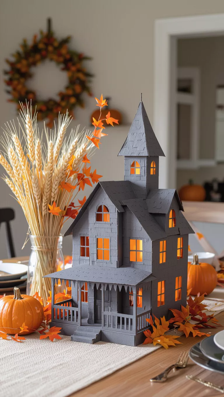 Haunted House on the Prairie A photo of a dining table with a gray cardboard haunted house model with orange foliage accents standing among tall wheat stalks, creating a rustic Halloween display.