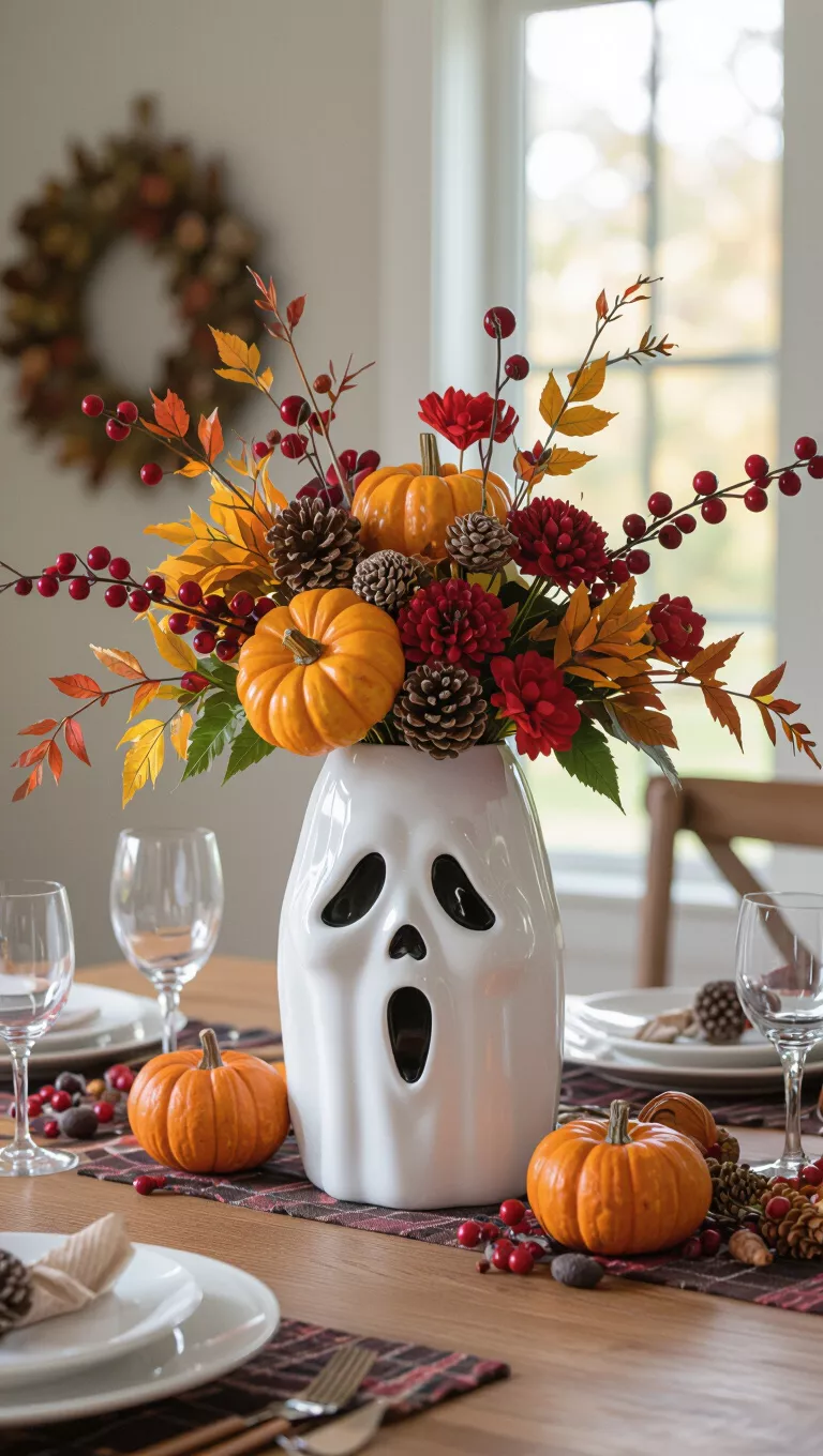 Ghostly Vase with Autumnal Accents A photo of a dining table with a ghost-faced white vase holding a vibrant mix of dried and artificial autumn foliage, berries, and seed pods, creating a rustic Halloween centerpiece.