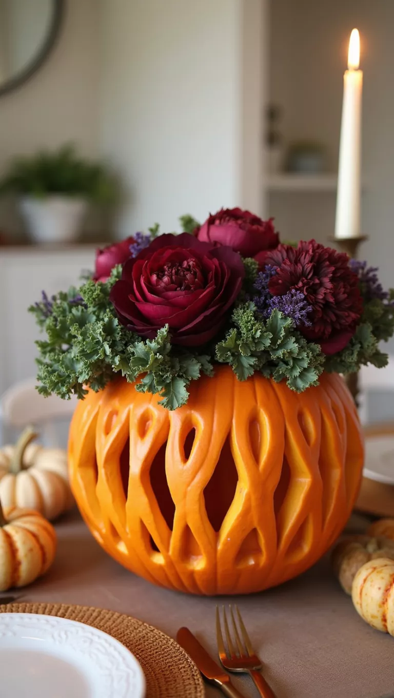 Pumpkin Basket of Dark Blooms A photo of a dining table with a large orange pumpkin, hollowed out and shaped like a basket, filled with dark red and purple flowers and kale.
