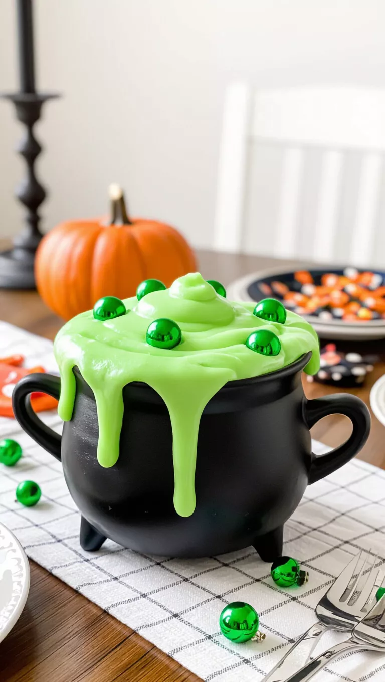 Bubbling Cauldron of Green Goo A photo of a dining table with a black cauldron cup overflowing with green foam and green baubles, simulating a bubbling witch's brew for a fun Halloween treat.
