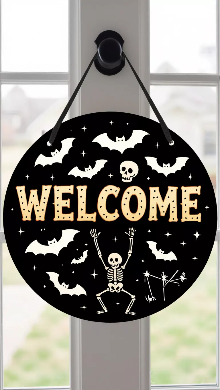 A photo of a front door showing a door hanger with a round Halloween welcome sign with a black background featuring several bats, a skeleton striking a pose next to the word 'WELCOME' in bone-like lettering.