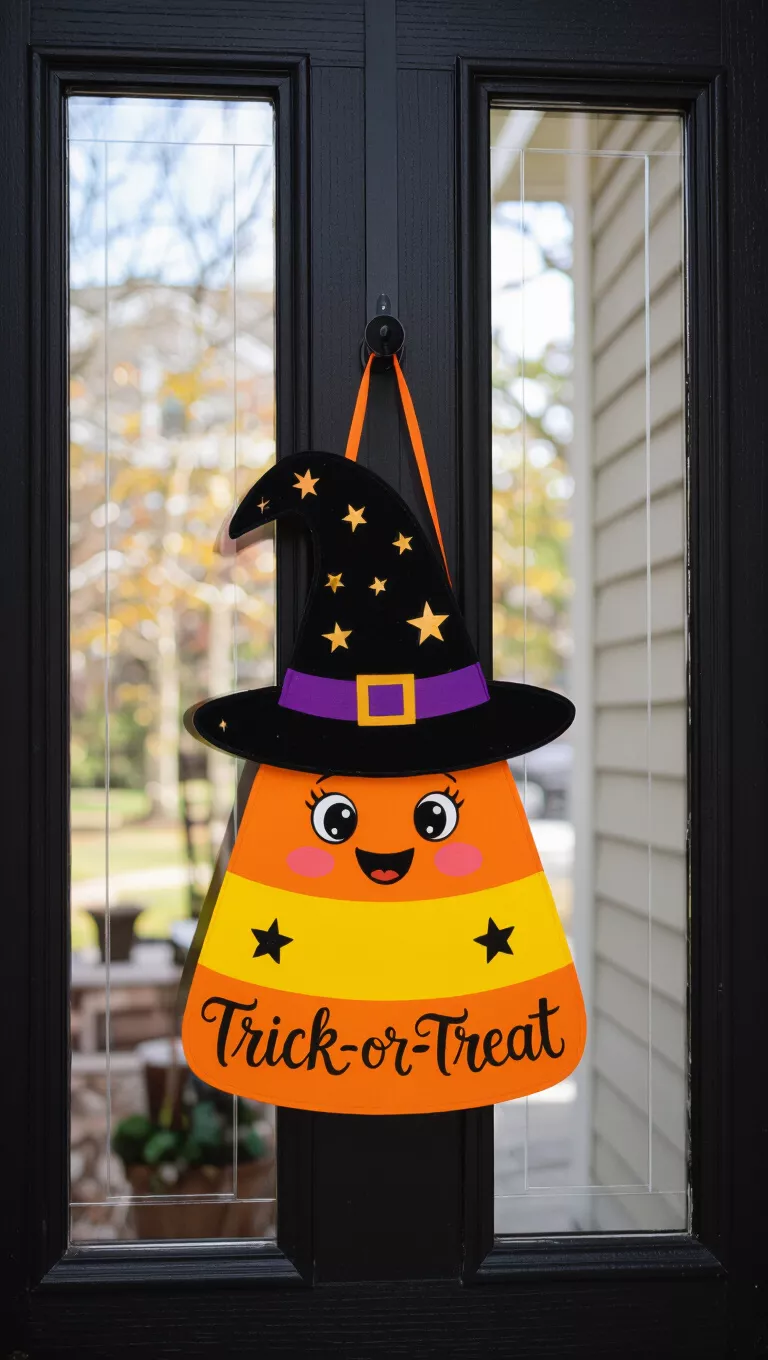 A photo of a front door showing a door hanger, a Halloween hanging decoration shaped like a candy corn with a cartoon face, wearing a black witch hat with stars and a purple band, the bottom reading 'Trick-or-Treat' in black calligraphy.