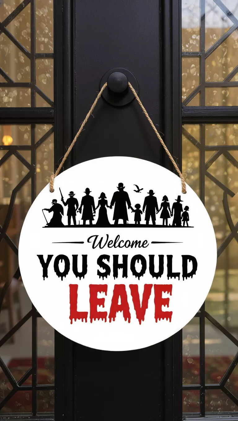A photo of a front door showing a door hanger, a round Halloween sign with a white background featuring silhouettes of classic horror villains, 'Welcome YOU SHOULD LEAVE' with a bloody effect.