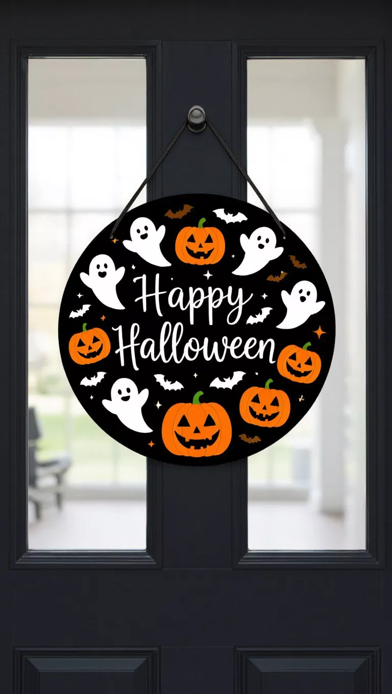 A photo of a front door showing a door hanger, a round black Halloween sign with 'Happy Halloween' in white script at the center, surrounded by white ghosts, orange pumpkins, and black bat silhouettes.