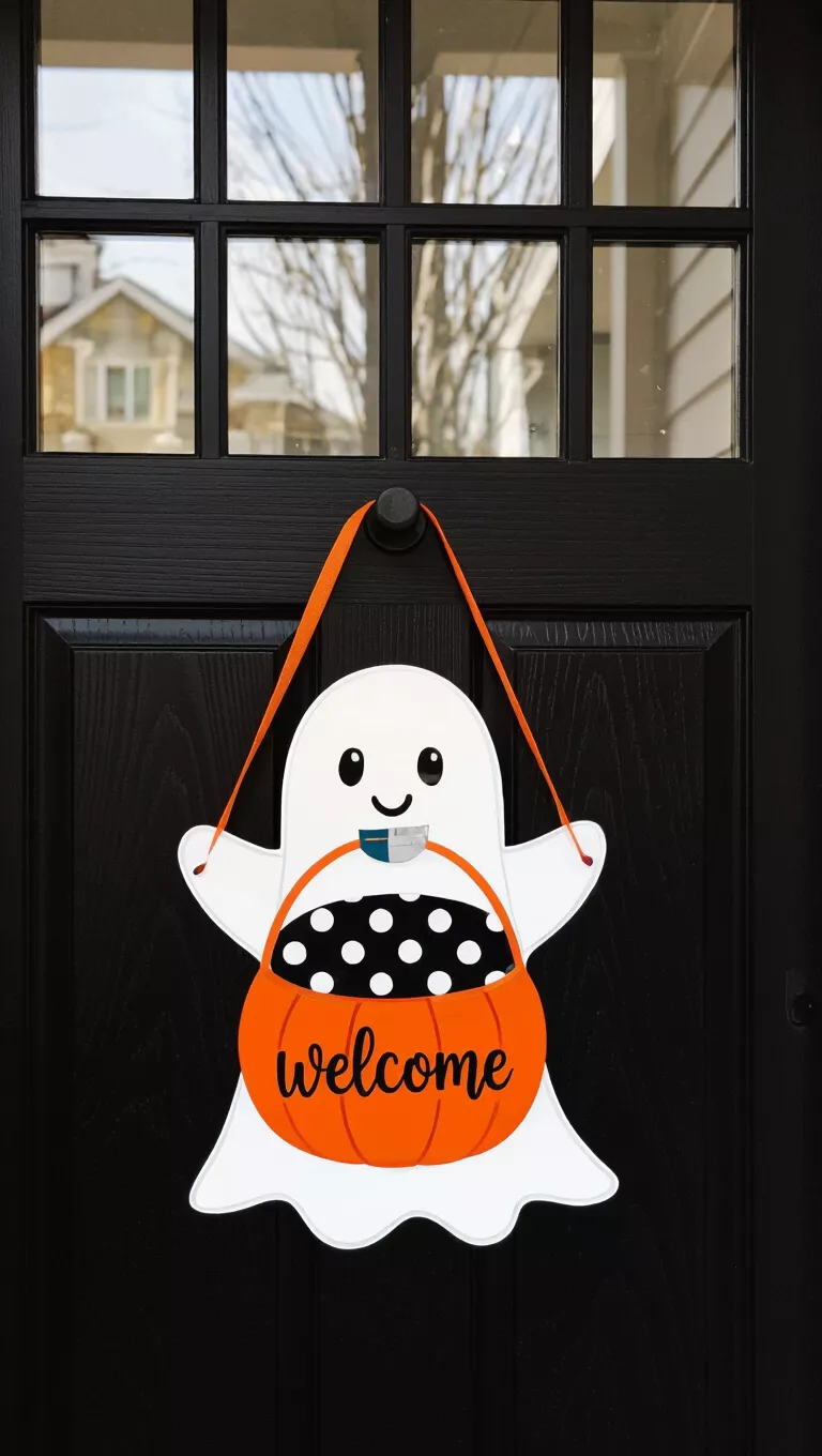 A photo of a front door showing a door hanger, a cute ghost holding a pumpkin basket with white polka dots on a black top half, an orange bottom section reading 'WELCOME' in black script.