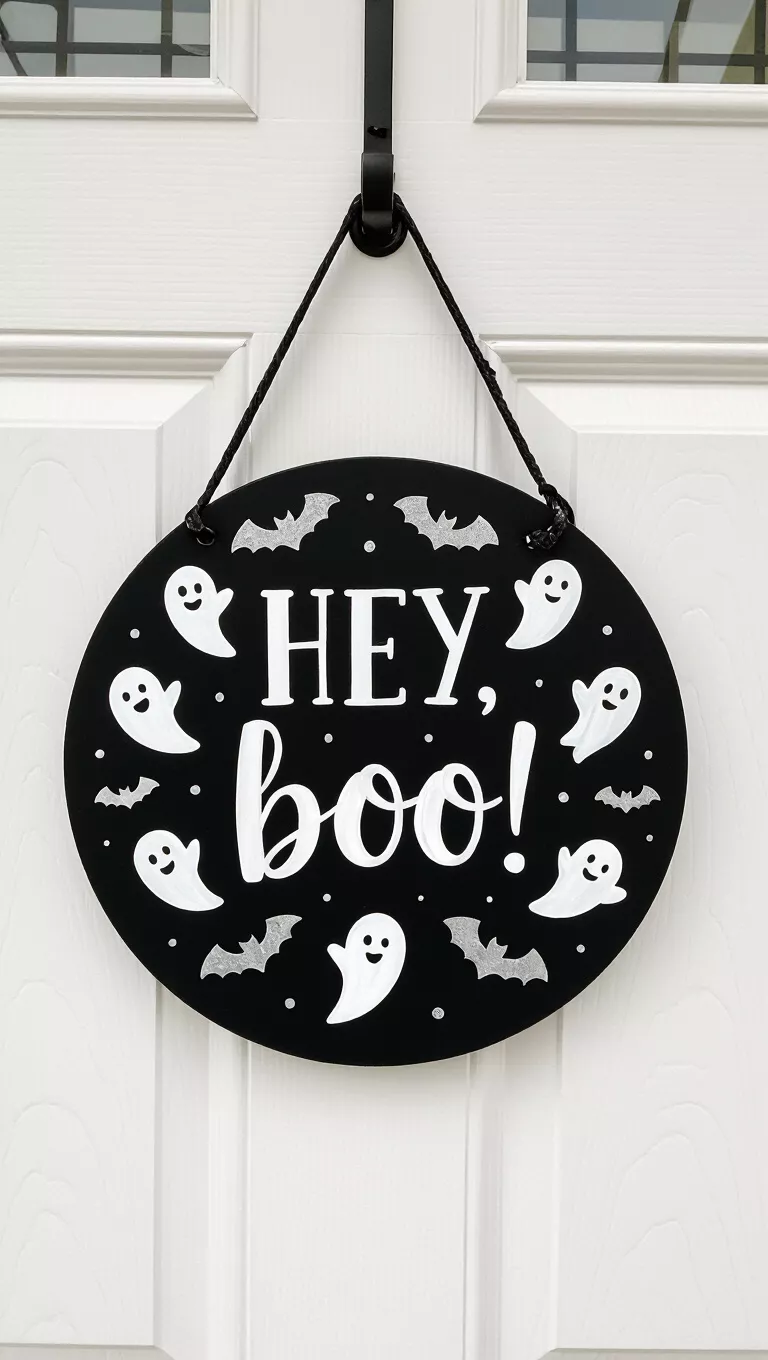 A photo of a front door showing a door hanger, a round black Halloween sign featuring the text 'HEY, boo!' in white, surrounded by several small white ghosts and black bat silhouettes.