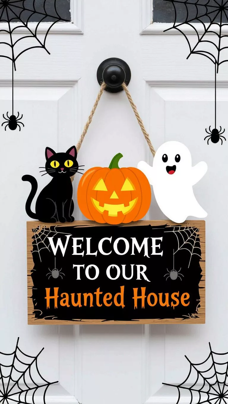 A photo of a front door showing a door hanger with a black cat with yellow eyes, a smiling orange jack-o'-lantern, a happy white ghost, a sign below reading 'WELCOME TO OUR Haunted House' with spiderweb and spiders.