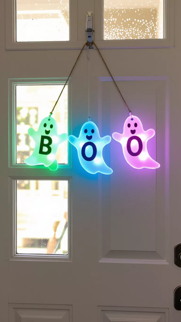 A photo of a front door showing a door hanger, three illuminated ghost figures spelling 'BOO', each ghost holding a letter and lighting up in a different color, suspended by a rope hanger.