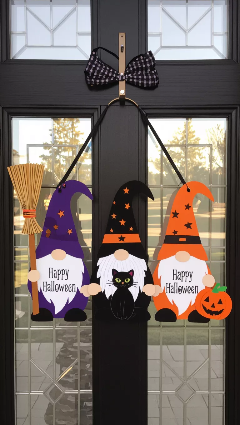 A photo of a front door showing a door hanger with three gnomes wearing witch hats in purple, black, and orange, holding a broom, a black cat, and a pumpkin, with 'Happy Halloween' on their beards.