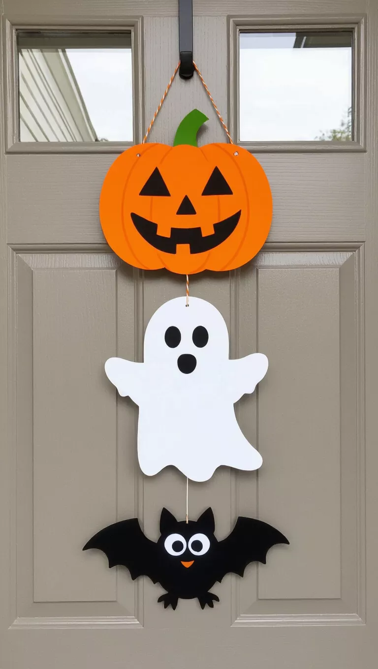 A photo of a front door showing a door hanger, a vertical hanging Halloween decoration, a smiling orange jack-o'-lantern at the top, a simple white ghost in the middle, a black bat with large white eyes at the bottom, all connected by string.