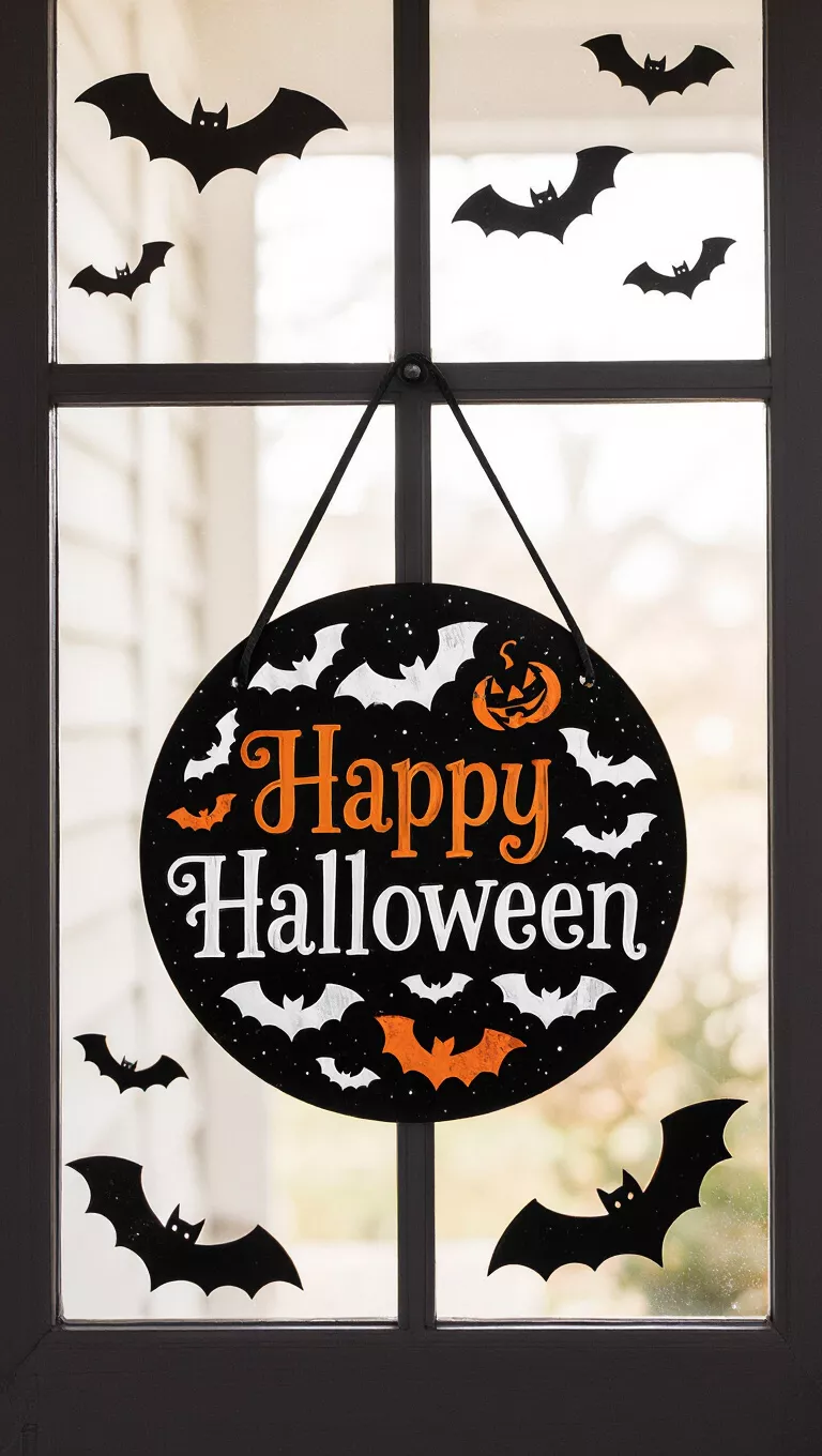A photo of a front door showing a door hanger with a circular black Halloween sign with 'Happy Halloween' in orange and white script, various bat silhouettes, creating a festive spooky vibe.