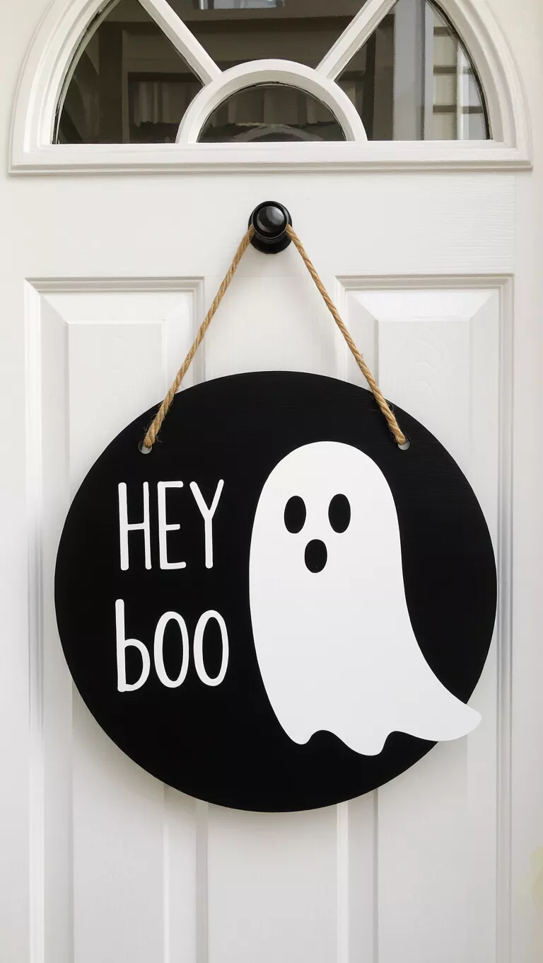 A photo of a front door showing a door hanger, a round black Halloween sign featuring a partial white ghost silhouette looking right, 'HEY boo' in white text beside it, providing a playful, minimalist Halloween greeting.