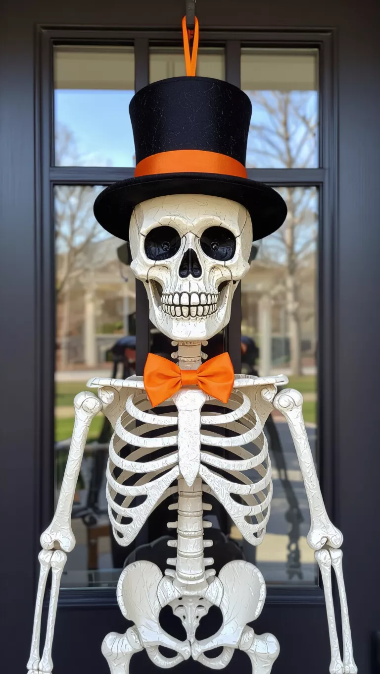 A photo of a front door showing a door hanger, a tall, hanging skeleton decoration, made of light material, with visible stitching, wearing a black top hat with an orange band and a small orange bow tie.