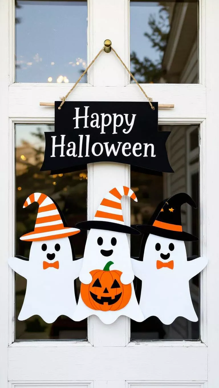 A photo of a front door showing a door hanger with three white ghost figures, two wearing orange and white striped witch hats and orange bow ties, the middle ghost holding a pumpkin, a black banner above reading 'Happy Halloween'.