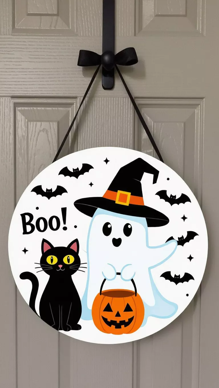 A photo of a front door showing a door hanger, a round Halloween sign with a white background featuring a white ghost wearing a witch hat and holding a pumpkin bucket, a black cat with prominent yellow eyes, black bat silhouettes, the word 'Boo!'.