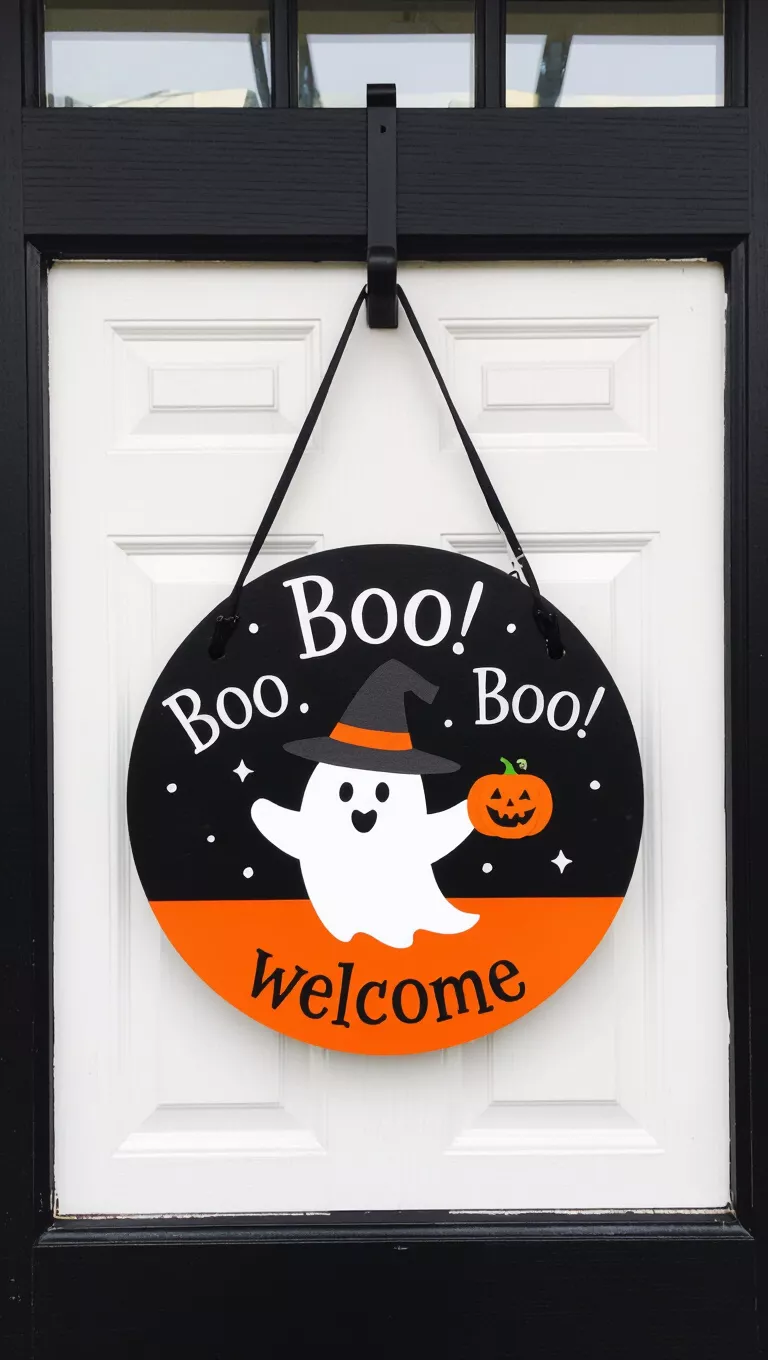 A photo of a front door showing a door hanger with a round black Halloween sign with an orange lower section, a ghost in a witch hat holding a pumpkin, 'Boo' repeats around, 'welcome' on the orange bottom.