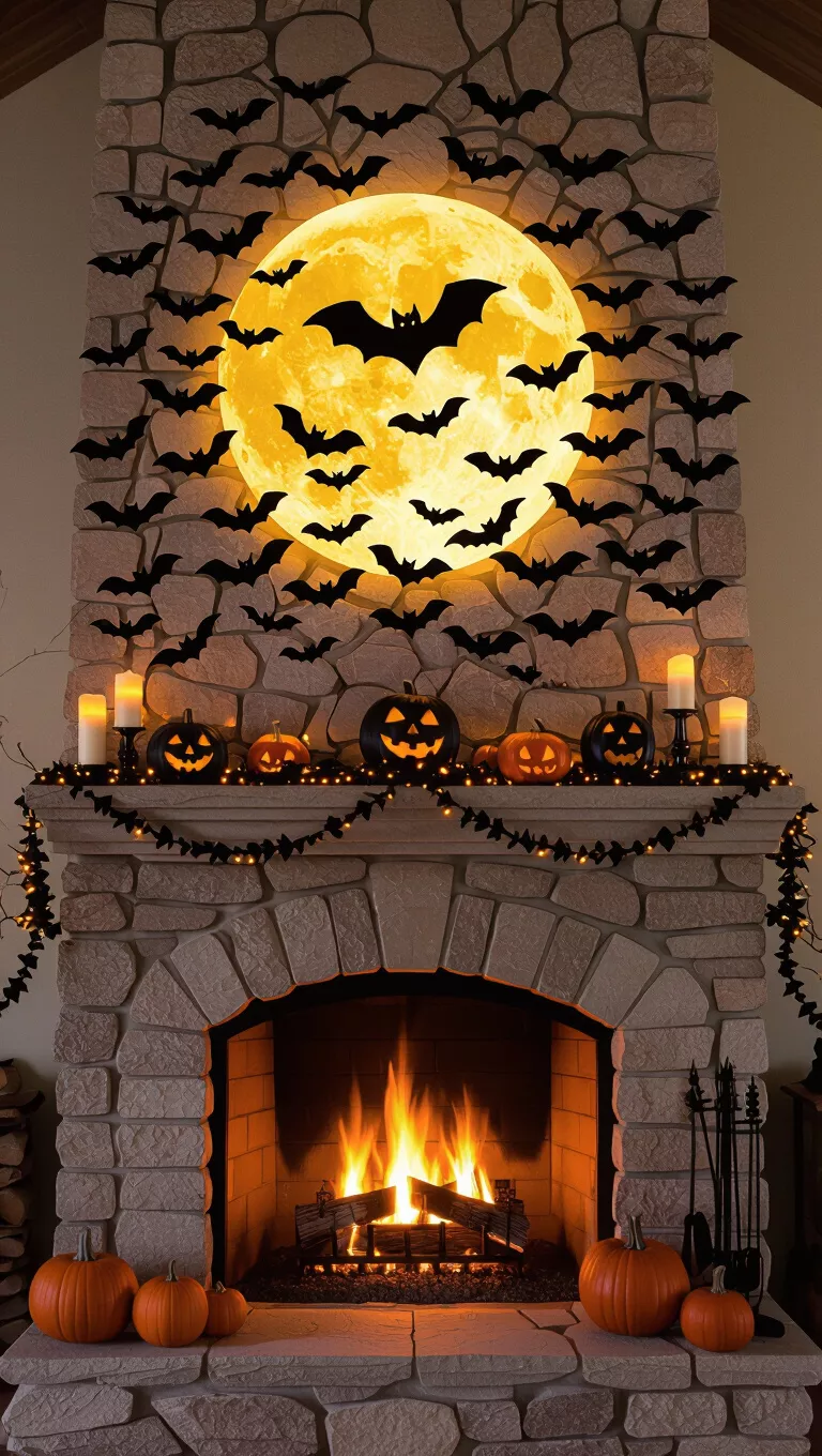 A photo of a grand fireplace featuring a striking moon and bat Halloween display, with numerous black bats silhouetted against a glowing golden moon above the stone mantel.