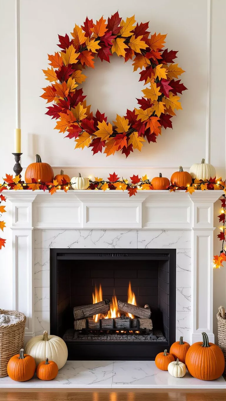 A photo of a fireplace mantel adorned with autumn leaves, pumpkins, and a string of lights, topped by a large orange leaf wreath above.