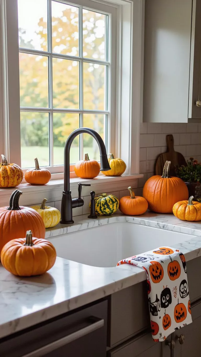 A photo of a bright kitchen sink nook decorated with various shades of orange pumpkins, gourds, and cheerful Halloween-themed dish towels.
