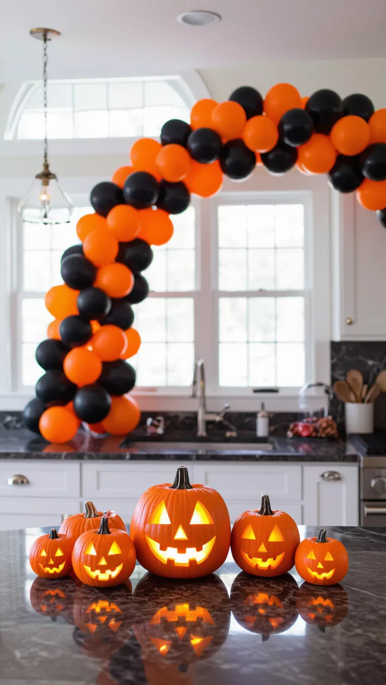A photo of a kitchen counter with glowing Jack-O’-Lanterns clustered together under a festive orange and black balloon arch.