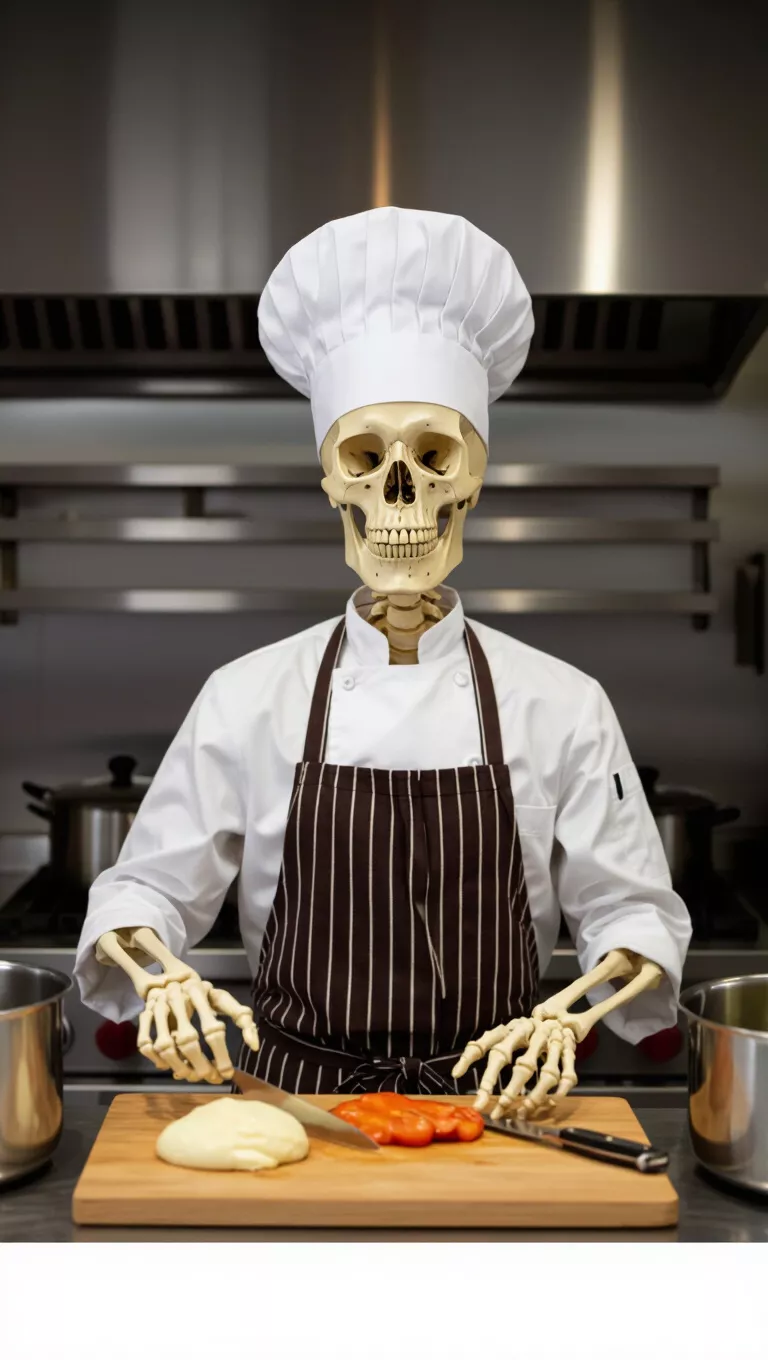 A photo of a life-sized skeleton figure wearing a chef’s hat and apron, positioned in a kitchen as if assisting with cooking.