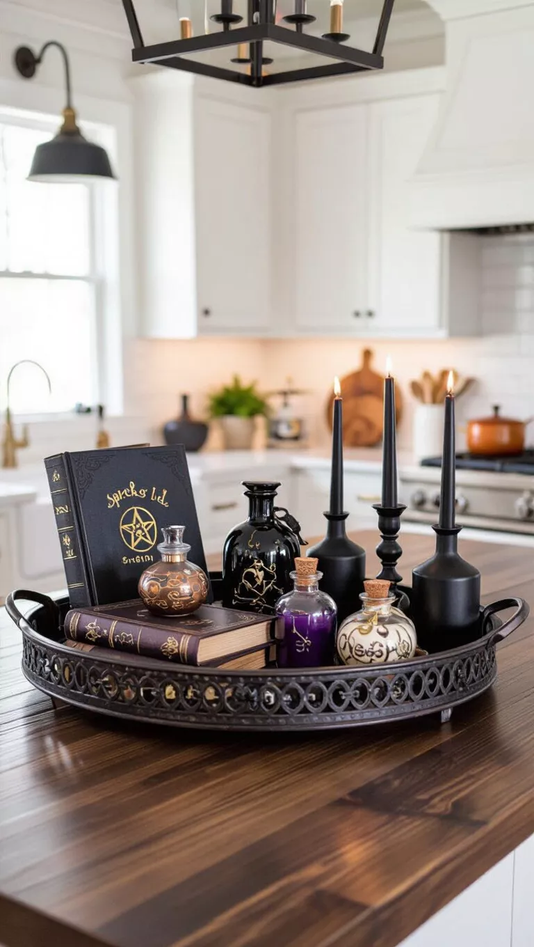 A photo of a kitchen island decorated with a thematic tray filled with witch-themed items like spell books, potion bottles, and dark candles.