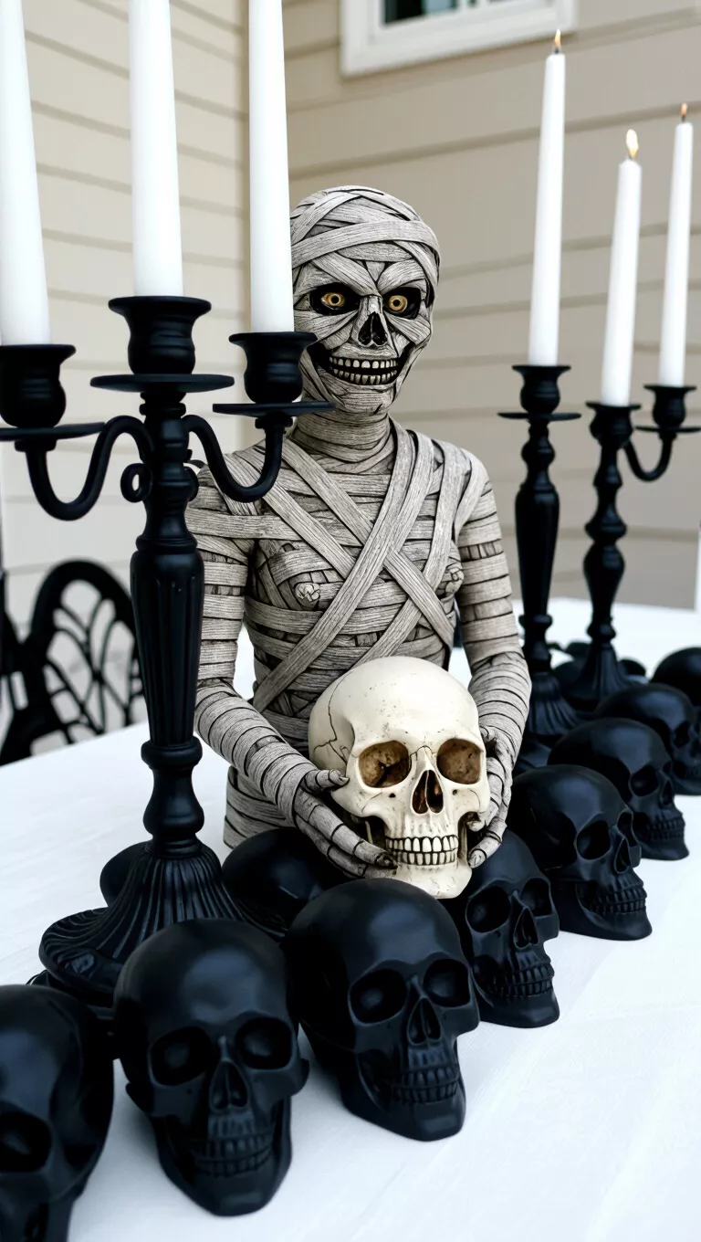 A photo of a macabre tablescape featuring a mummified figure holding a skull, surrounded by black skull decorations, and candelabras with white candles.