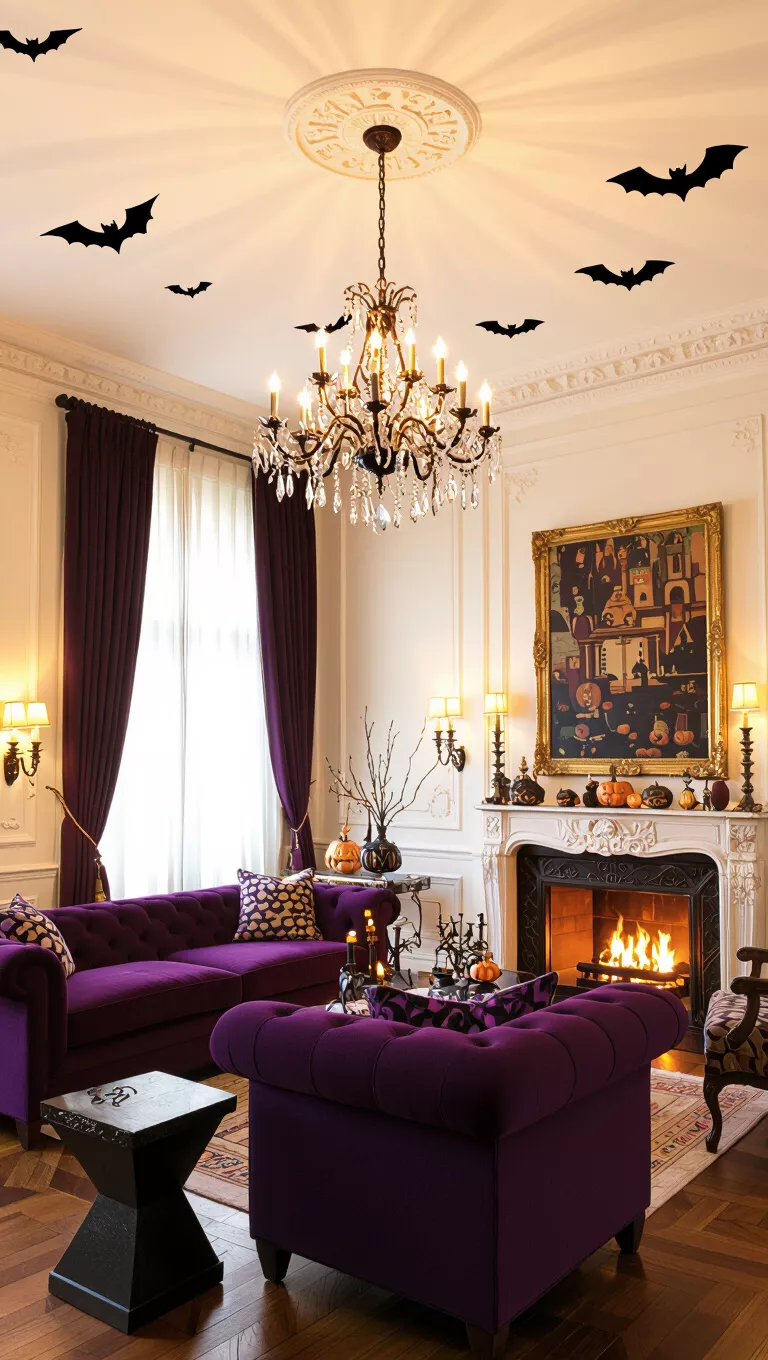 A photo of a luxurious living room decorated for Halloween with dark flying bat silhouettes on the ceiling, a vibrant purple couch, and warm lighting from a chandelier and fireplace.