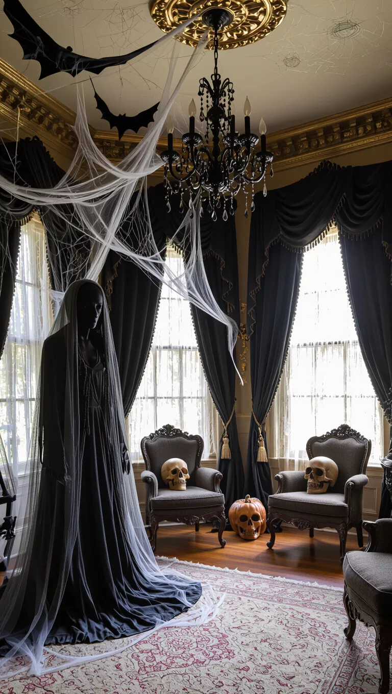 A photo of an opulent room transformed for Halloween with a headless figure, cascading spiderwebs, skull motif decor, and dark drapery.