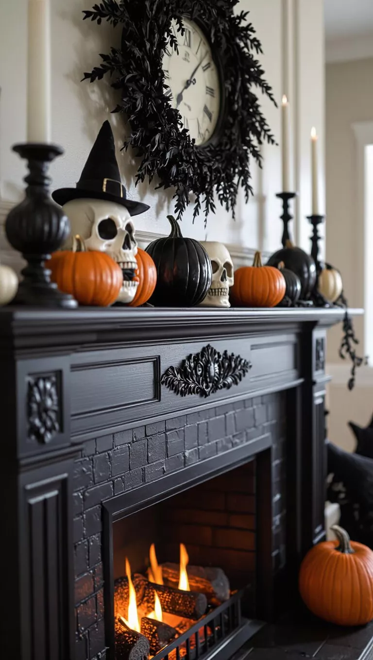 A close-up photo of a fireplace mantle with elegant Halloween decor, featuring a consistent black and white theme, subtly incorporating vintage spooky elements.