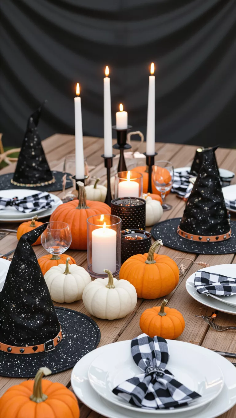 A photo of an outdoor Halloween dinner table with witch hats, mini white pumpkins, and candles under a dark backdrop.