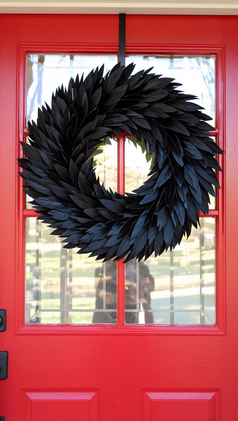 A photo of a dramatic black feather wreath, resembling a cluster of ravens, hanging on a vibrant red front door.